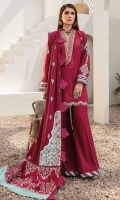 Front: Dyed jaqaurd Back: Dyed jaqaurd Sleeves: Dyed jaquard Pants: Dyed linen Dupatta: Embroiderd linen shawl Embroideries: 1) Neckline 2) Ghera border 3) Shawl border 4) Sleeves Border 5) Sleeves Patch 6) Shawl pallu borders