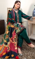 Front: Dyed woven Jaquard linen Back: Digital printed linen Sleeves: Dyed embroidered Jaquard Pants: Dyed linen Dupatta:Digital printed woolen shawl Embroideries: 1) Silk border patch 2) Silk neckline