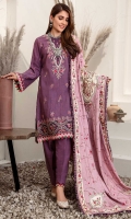 Front: Embroidered khaddar Back: Dyed khaddar Sleeves: Embroidered Khaddar Pants: Dyed khaddar Dupatta: Embroidered linen shawl Embroideries: 1) Neckline 2) Ghera border 3) Sleeves patti 4) Shawl side patti 5) Shawl center patch 6) Shawl corner patches (4)