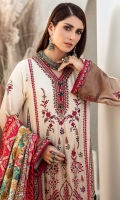 Front: Embroidered khaddar Back: Dyed khaddar Sleeves: Embroidered Khaddar Pants: Dyed khaddar Dupatta: Embroidered linen shawl Embroideries: 1) Neckline 2) Ghera border 3) Sleeves patti 4) Shawl side patti 5) Shawl center patch 6) Shawl corner patches (4)