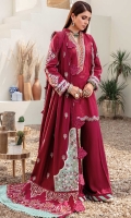 Front: Dyed jaqaurd Back: Dyed jaqaurd Sleeves: Dyed jaquard Pants: Dyed linen Dupatta: Embroiderd linen shawl Embroideries: 1) Neckline 2) Ghera border 3) Shawl border 4) Sleeves Border 5) Sleeves Patch 6) Shawl pallu borders