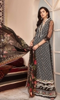 Front: Embroidered net Back: Embroidered net Sleeves: Embroidered net Pants: Dyed cambric Dupatta: Digital printed silk Embroideries: 1) Daman border 2) Sleeve border 3) Neckline patti