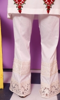 Long boot-cut lawn pants with two stripes of lace attached.