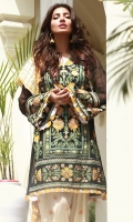 EMBROIDERED LAWN FRONT : 1.25 MTR DYED LAWN BACK : 1.25 MTR EMBROIDERED CHIFFON SLEEVES : 0.65 MTR PRINTED CAMBRIC TROUSER : 2.5 MTR BANARSI CRUSHED DUPATTA : 2.5 MTR ACCESSORIES EMBROIDERED ORGANZA BORDER : 1 MTR