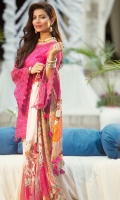EMBROIDERED LAWN FRONT : 1.25 MTR DYED LAWN BACK : 1.25 MTR EMBROIDERED CHIFFON SLEEVES : 0.65 MTR DYED CAMBRIC TROUSER : 2.5 MTR PRINTED CHIFFON DUPATTA : 2.5 MTR ACCESSORIES EMBROIDERED ORGANZA BORDER : 1 MTR