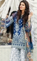 EMBROIDERED LAWN FRONT : 1.25 MTR EMBROIDERED LAWN BACK : 1.25 MTR EMBROIDERED CHIFFON SLEEVES : 0.65 MTR PRINTED CAMBRIC TROUSER : 2.5 MTR PRINTED CHIFFON DUPATTA : 2.5 MTR ACCESSORIES  EMBROIDERED ORGANZA BORDER : 1 MTR