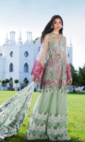 . Embroidered Net Front 1.25 meters . Embroidered Net Back 1.25 meters . Embroidered Net Sleeves 0.75 meter . Embroidered Net Trouser 2.5 meters . Foil Printed Net Dupatta 2.5 meters  ACCESORIES  . Embroidered Neck Patti 2.5 meters . Embroidered organza border for sleeves 1.25 meters . Viscose silk lining for shirt 2.5 yards . Viscose silk lining for Trouser 2.5 yards