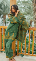 DYED EMBROIDERED FRONT (KHADDAR SLUB) 1.25 MTR  DYED BACK (KHADDAR SLUB) 1.25 MTR  DYED EMBROIDERED SLEEVES (KHADDAR SLUB) 1.25 MTR  EMBROIDERED SHAWL (POLY WOOL) 2.5 MTR  DYED TROUSER (KHADDAR) 2.5 MTR  ACCESSORIES:  EMBROIDERED NECKLINE (KHADDAR) 1 MTR  EMBROIDERED BORDER FOR FRONT HEM (KHADDAR) 1 MTR  EMBROIDERED BORDER FOR BACK (KHADDAR) 1 MTR  EMBROIDERED BORDER FOR TROUSER (KHADDAR) 1 MTR
