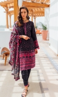DYED EMBROIDERED COTTON KARANDI FRONT (JACQUARD) 1.25 MTR  DYED COTTON KARANDI BACK (JACQUARD) 1.25 MTR  DYED EMBROIDERED COTTON KARANDI SLEEVES (JACQUARD) 1.25 MTR  DIGITAL PRINTED SHAWL (POLY WOOL) 2.5 MTR  DYED TROUSER (KHADDAR) 2.5 MTR  ACCESSORIES:  EMBROIDERED BORDER FOR NECKLINE 1 MTR  EMBROIDERED BORDER FOR TROUSER 1 MTR