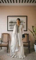 Egg shell schiffli base is embroidered on the neckline and sleeves with tilla thread. Comes with a cotton sharara pants and hand spun cotton net karandi with zari dupatta that is decorated with block print.