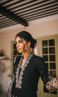 Black cotton peshwaz with embroidery on the front, back, sleeves and neckline in silk thread and gold tilla is paired with black cotton trousers and leheria dyed chiffon dupatta in grey and black.