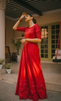 Crimson peshwaz with a huge flare . Hem entirely embroidered with crimson silk thread and embellished with red sequins . Embroidery is also included on the neckline , sleeves and panel joints. Cambric straight trouser in crimson . Zari cotton net dupatta.
