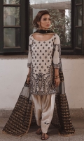 Lawn Shirt, with Machine emboidered Tilla and Resham Marori on front and sleeves. Cotton Shalwar with Tilla and Applique details.