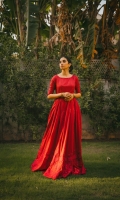 Crimson peshwaz with a huge flare . Hem entirely embroidered with crimson silk thread and embellished with red sequins . Embroidery is also included on the neckline , sleeves and panel joints. Cambric straight trouser in crimson . Zari cotton net dupatta.