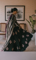 Black cotton peshwaz with embroidery on the front, back, sleeves and neckline in silk thread and gold tilla is paired with black cotton trousers and leheria dyed chiffon dupatta in grey and black.