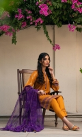 Navaa is a stunning combo of saffron orange and violet. The kameez features carefully stamped tribal block printed details. It is paired with a plain orange cambric trousers and cotton karandi dupatta in a violet shade.  3 pcs lose fit lawn kameez.  Fitted cambric trouser.  Handwoven cotton karandi dupatta.