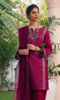 Bina comprises of a beautiful burgundy lawn kameez, block printed in the hues of blue and gold and stitched in a breathable lose silhouette. We have paired this look with a cotton jacquard tulip shalwar and a burgundy handwoven cotton karandi dupatta.  3pc lawn kameez.  Cambric tulip shalwar.  Handwoven cotton karandi dupatta.