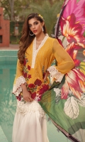 PRINTED SILK DUPATTA: 2.5MTR SCHIFLEE LAWN FRONT: 1 MTR PRINTED LAWN BACK: 1.25MTR DYED CHIFFON SLEEVES: 0.65MTR PRINTED CAMBRIC TROUSER: 2.5MTR Accessories EMBROIDERED SLEEVE BORDER : 1MTR EMBROIDERED FRONT BORDER: 1 MT R EMBROIDERED FRONT PATCH : 1