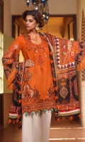PRINTED CHIFFON DUPATTA: 2.5MTR P RINTED & EMB LAWN FRONT: 1.25MTR PRINTED LAWN BACK: 1.25MTR PRINTED SLEEVES: 0.65MTR PRINTED CAMBRIC TROUSER: 2.5MTR Accessories EMBROIDERED ORGANZA : 1 MTR FRONT BORDER
