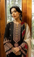 DYED EMBROIDERED FRONT (SELF JACQUARD) 1.38 METERS  DYED BACK (SELF JACQUARD) 1.38 METERS  DYED EMBROIDERED SLEEVES (SELF JACQUARD) 0.75 METER  DIGITAL PRINTED DUPATTA (SILK) 2.5 METERS  DYED TROUSER (CAMBRIC) 2.5 METERS  ACCESSORIES  EMBROIDERED NECKLINE (ORGANZA)  EMBROIDERED BORDERS (ORGANZA) 2 METERS