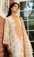 DYED FRONT (JACQUARD) 1.2 METERS  DIGITAL PRINTED BACK (LAWN) 1.25 METERS  DYED SLEEVES (JACQUARD) 0.75 METER  DIGITAL PRINTED DUPATTA (CHIFFON) 2.5 METERS  DYED TROUSER(CAMBRIC) 2.5 METERS  ACCESSORIES  EMBROIDERED NECKLINE (ORGANZA)  EMBROIDERED BORDER FOR SLEEVES (ORGANZA) 1 METER  EMBROIDERED BORDER FOR HEM (ORGANZA) 1 METER