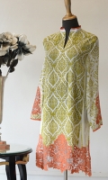 Green printing with Orange embroidery on sleeves and Daman. 