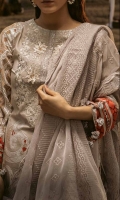 Stuff : Printed Embroidered Shirt  Heavy Embroidered  Chikan Kari Dupatta  Trouser With Embroidered Bunches