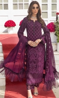 Embroidered chiffon front  Embroidered chiffon side panels Plain chiffon back Embroidered chiffon sleeves Embroidered chiffon attachment laces Embroidered chiffon dupatta Raw silk trouser Color : Purple  Thread & sequin Embroidery
