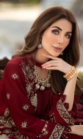 Embroidered chiffon front Embroidered chiffon back  Embroidered chiffon sleeves Embroidered chiffon attachment laces Embroidered chiffon dupatta Raw silk trouser  Color : Maroon  Zari & sequin Embroidery