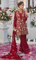Embroidered chiffon front Embroidered chiffon back  Embroidered chiffon sleeves Embroidered chiffon attachment laces Embroidered chiffon dupatta Raw silk trouser  Color : Maroon  Zari & sequin Embroidery