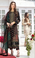 Embroidered chiffon front with hand work Embroidered chiffon side panels Embroidered chiffon back Embroidered chiffon sleeves Embroidered chiffon attachment laces Two toned organza embroidered dupatta Raw silk trouser 