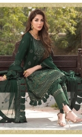 Embroidered chiffon front with hand work Embroidered chiffon side panels Plain chiffon back Embroidered chiffon sleeves  Embroidered chiffon attachment laces Embroidered chiffon dupatta Raw silk trouser