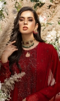 Embroidered Chiffon Front with Handwork Embroidered Chiffon Side Panels Embroidered Border  Plain Chiffon Back  Embroidered Chiffon Sleeves  Embroidered border for sleeves  Chiffon Embroidered Dupatta with Lace patti Dyed Raw Silk Trouser 