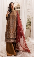 Embroidered Khaddi Net Front with handwork Embroidered Khaddi Net side Panels Embroidered Border Plain   Khaddi Net Back   Embroidered Khaddi Net Sleeves Embroidered Border for Sleeves Embroidered Dupatta with Embroidered Lace and Bunch Dyed Raw Silk Trouser
