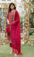 Full Embroidered Shirt Front   Embroidered Border Shirt for Front  Embroidered Shirt Back  Embroidered Border for Back   Embroidered Sleeves with Lace  Heavy Embroidered Chiffon Dupatta Dyed Raw Silk Trouser 