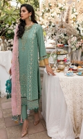 Embroidered Chiffon Front with Handwork Embroidered Chiffon Side Panel Embroidered Borders Plain Chiffon Back Embroidered bunch for Back  Embroidered Sleeves     Embroidered Border Extra Tissue fabric for Sleeves  Embroidered Khaddi Net dupatta 