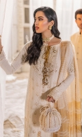 Embroidered Chiffon Front with handwork Embroidered Chiffon Side Panels Embroidered Border for Front Embroidered Chiffon Back Embroidered Border for back Embroidered Sleeves Embroidered bunch for sleeves  Khaddi Net Dupatta Dyed Raw Silk Trouser 