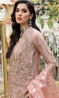 Embroidered Chiffon Front Embroidered Chiffon Side Borders Embroidered Border Embroidered Chiffon Back Embroidered Border for back  Embroidered Chiffon Sleeves with lace patti  Organza Jacquard Dupatta with extra fabric for frill  Dyed Raw Silk Trouser