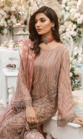 Embroidered Chiffon Front Embroidered Chiffon Side Borders Embroidered Border Embroidered Chiffon Back Embroidered Border for back  Embroidered Chiffon Sleeves with lace patti  Organza Jacquard Dupatta with extra fabric for frill  Dyed Raw Silk Trouser