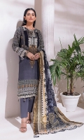 - Printed Cambric Shirt & Printed Cambric Dupatta with Gold Border & Dyed Cambric Trouser - Inaya Gold Cambric