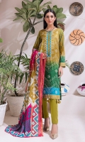 - Printed Cambric Shirt & Printed Cambric Dupatta with Gold Border & Dyed Cambric Trouser - Inaya Gold Cambric