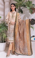 - Printed Cambric Shirt & Printed Cambric Dupatta with Gold Border & Dyed Cambric Trouser - Inaya Gold Cambric