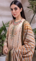 - Printed Cambric Shirt & Printed Cambric Dupatta with Gold Border & Dyed Cambric Trouser - Inaya Gold Cambric