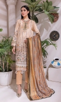 - Printed Cambric Shirt & Printed Cambric Dupatta with Gold Border & Dyed Cambric Trouser - Inaya Gold Cambric