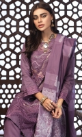 --Shirt : Embroidered Jacquard Lawn with Extra Embroidered Patti. --Dupatta : Jacquard Lawn Dupatta. --Trouser : Cambric Trouser with Embroidered Bunches.