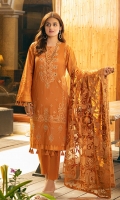 Shirt: Embroidered Lawn Front Shirt Back: Gold Paste Printed Back & Sleeves Trouser: Dyed Cambric Trouser Dupatta: Foil Printed Organza Dupatta