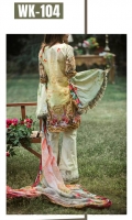 *Shirt : Digital Lawn Embroidered Front.  *Dupatta : Digital Printed Bamber Pure Chiffon.  *Trouser : Embroidered Bunch/Belt.