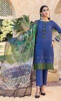 Shirt : Lawn Embroidered Front Lawn with Printed Back And Sleeves. Dupatta : Digital Printed Monar Dupatta Trouser : Dyed Cambric Trouser Blue color, Zari & sequins work on  Shirt Front embroidered.
