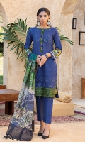 Shirt : Lawn Embroidered Front Lawn with Printed Back And Sleeves. Dupatta : Digital Printed Monar Dupatta Trouser : Dyed Cambric Trouser Blue color, Zari & sequins work on  Shirt Front embroidered.