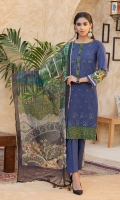 Shirt : Lawn Embroidered Front Lawn with Printed Back And Sleeves. Dupatta : Digital Printed Monar Dupatta Trouser : Dyed Cambric Trouser Blue color, Zari & sequins work on  Shirt Front embroidered.